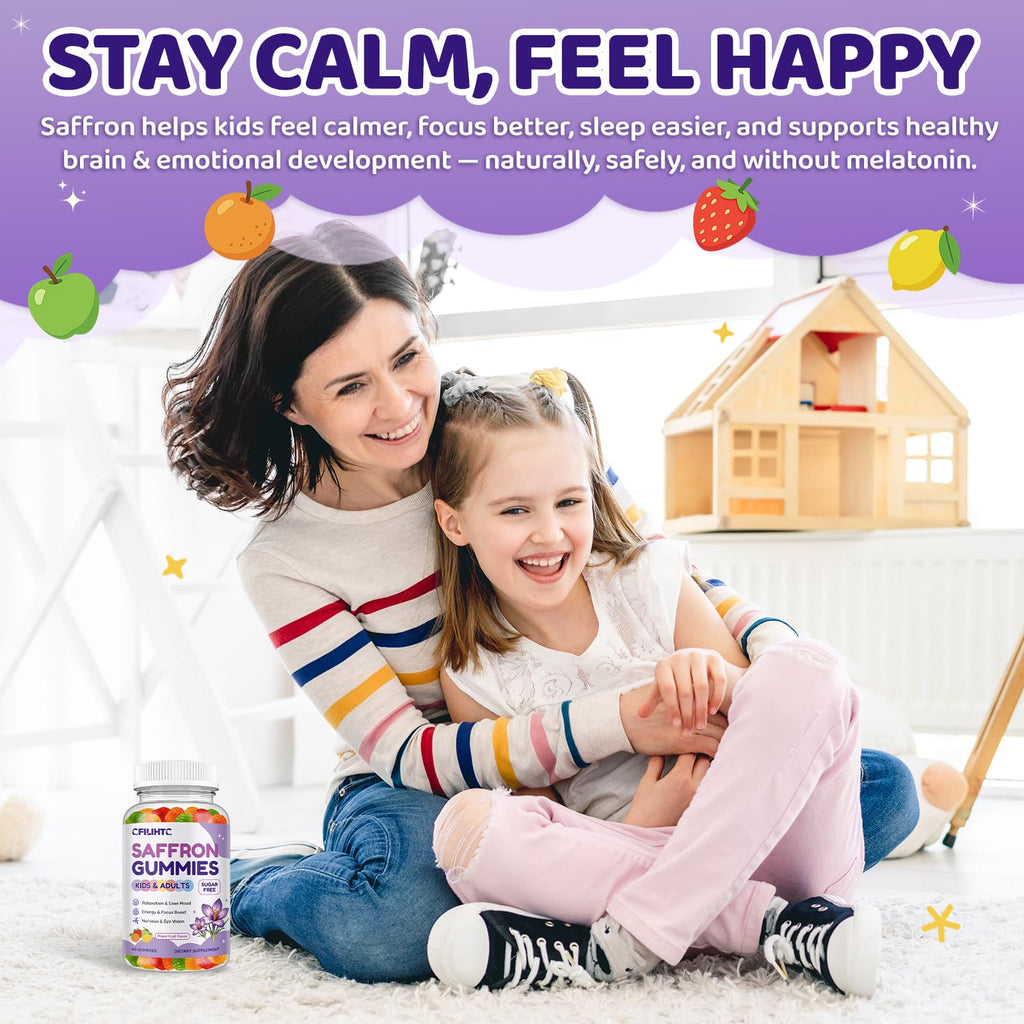 Saffron Gummies for Kids & Adults, 20-in-1 Saffron Supplements with 88.5mg Saffron Extract, B6, B12, C, D3, Magnesium for Calm, Focus, Nerve, Sugar Free, Vegan, Non-GMO - Mixed Fruit Flavor, 60 Counts
