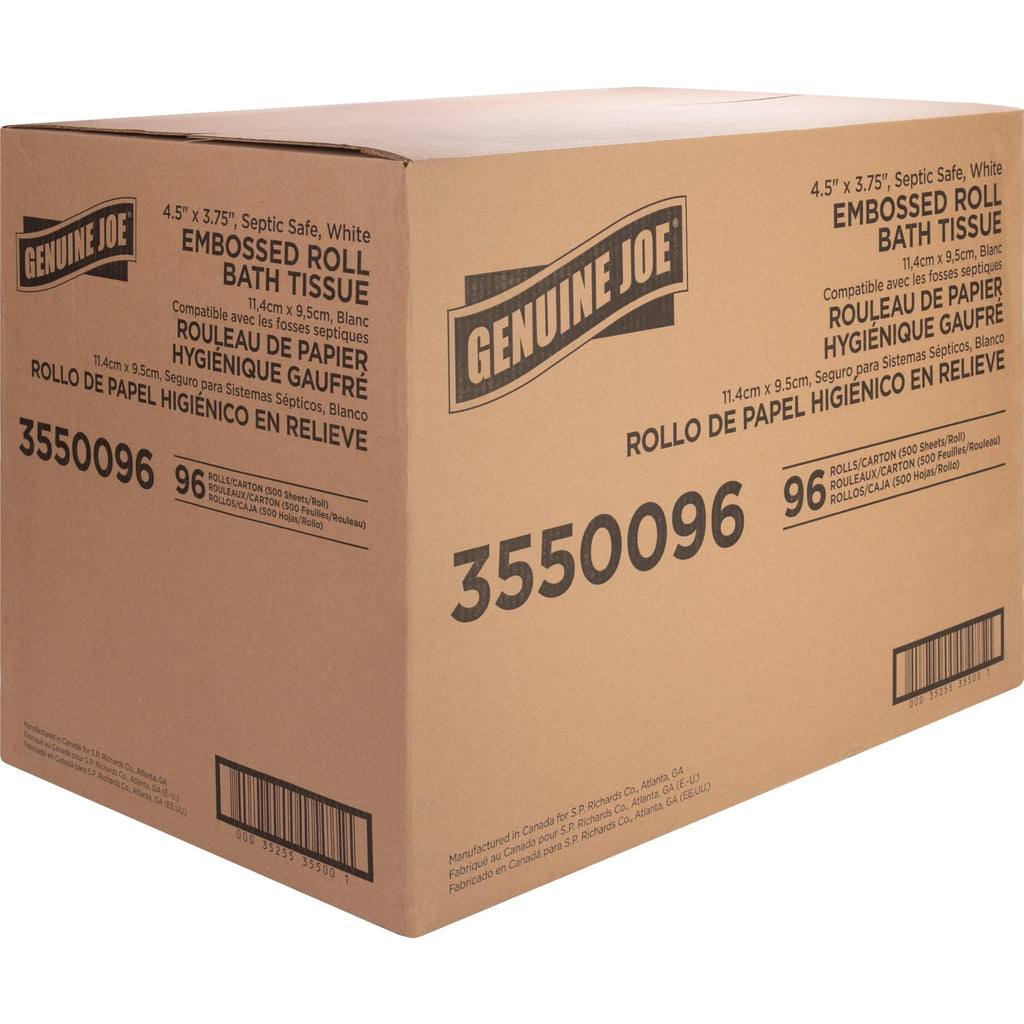 Genuine Joe Embossed Bath Tissue, 2-Ply, Septic Safe, Individually Wrapped, 4.5" x 3.75", 500 Sheets/Roll, 96 Count
