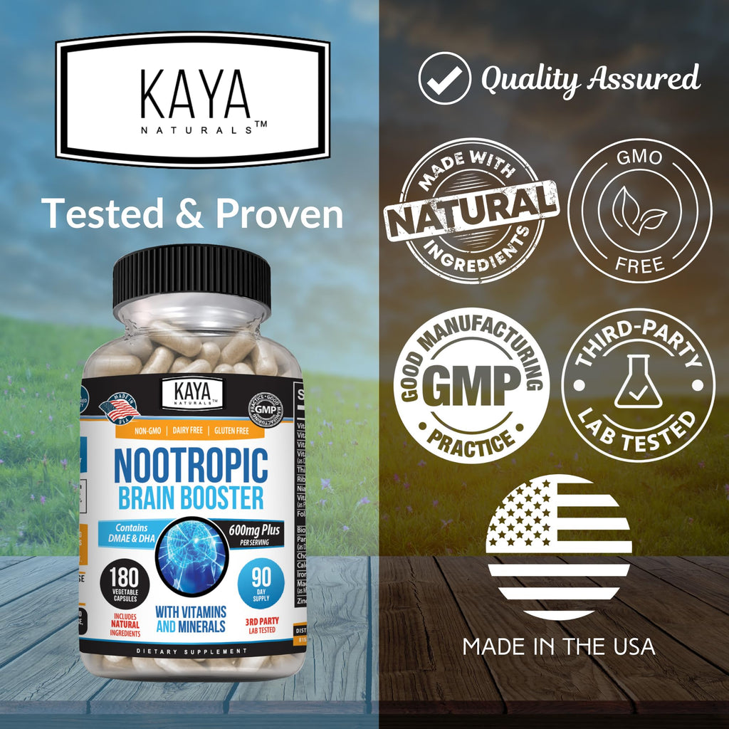 Kaya Naturals - Nootropic Brain Booster - for Memory & Focus - Brain Support Supplement - Focus & Concentration & Learning Accuracy - Cognitive Function - 180 Count (180 Count (Pack of 1)