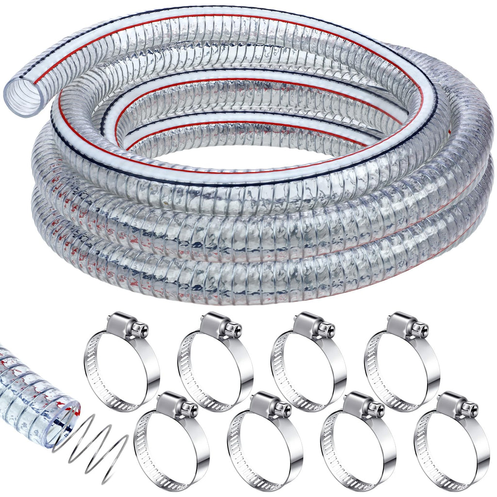 Frienda Heavy Duty Steel Wire Flexible Tubing with Fasteners PVC High Pressure Oil Drain Hose Tube Clear Wire Reinforced for Pond Marine Bilge Pump Garden Pool Vacuum Suction Hose(24.6 Ft, 1 Inch Id)
