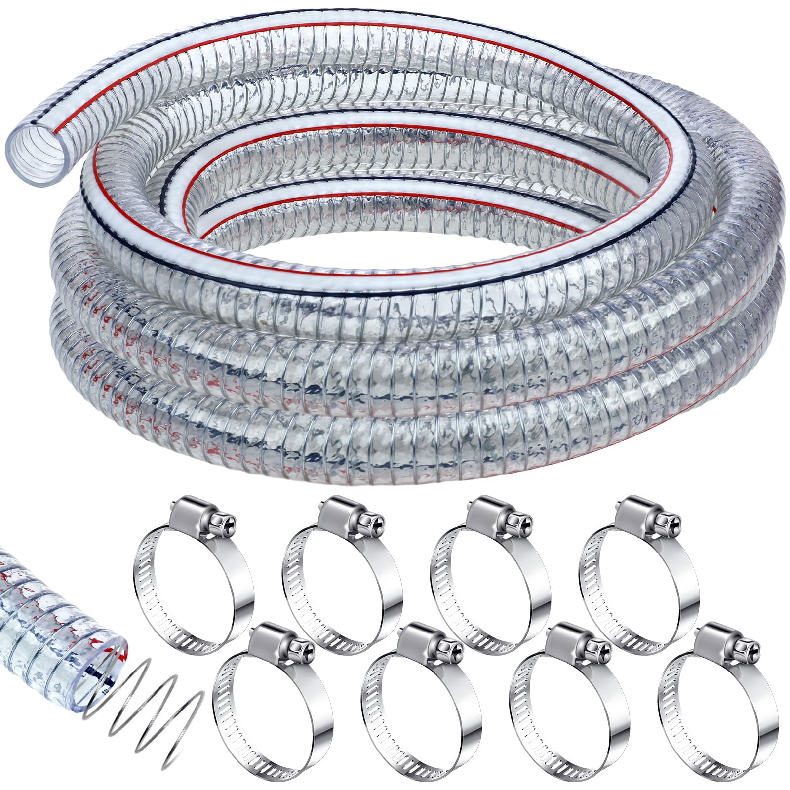 Frienda Heavy Duty Steel Wire Flexible Tubing with Fasteners PVC High Pressure Oil Drain Hose Tube Clear Wire Reinforced for Pond Marine Bilge Pump Garden Pool Vacuum Suction Hose(24.6 Ft, 1 Inch Id)