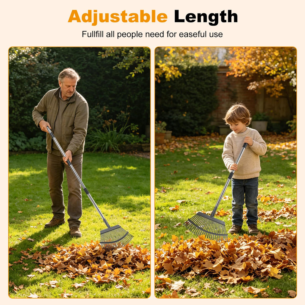 Heavy Duty Garden Rake, Metal Leaf Rake with 73 Inch Adjustable Handle and 25 Tines for Lawn, Yard, Garden Beds, Leaves, Debris and Shrubs