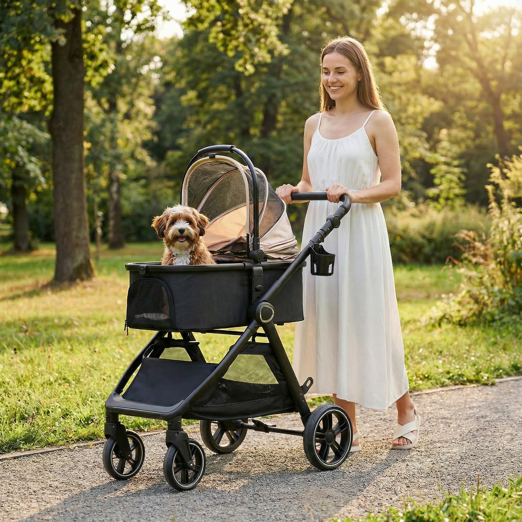 KAVELLIN Pet Stroller for Small Medium Dogs Cats Up to 50lbs, Dog Stroller with Removable Carrier, One Click Folding Cat Strollers, All-Terrain 4 Wheels Pet Strollers, Beige