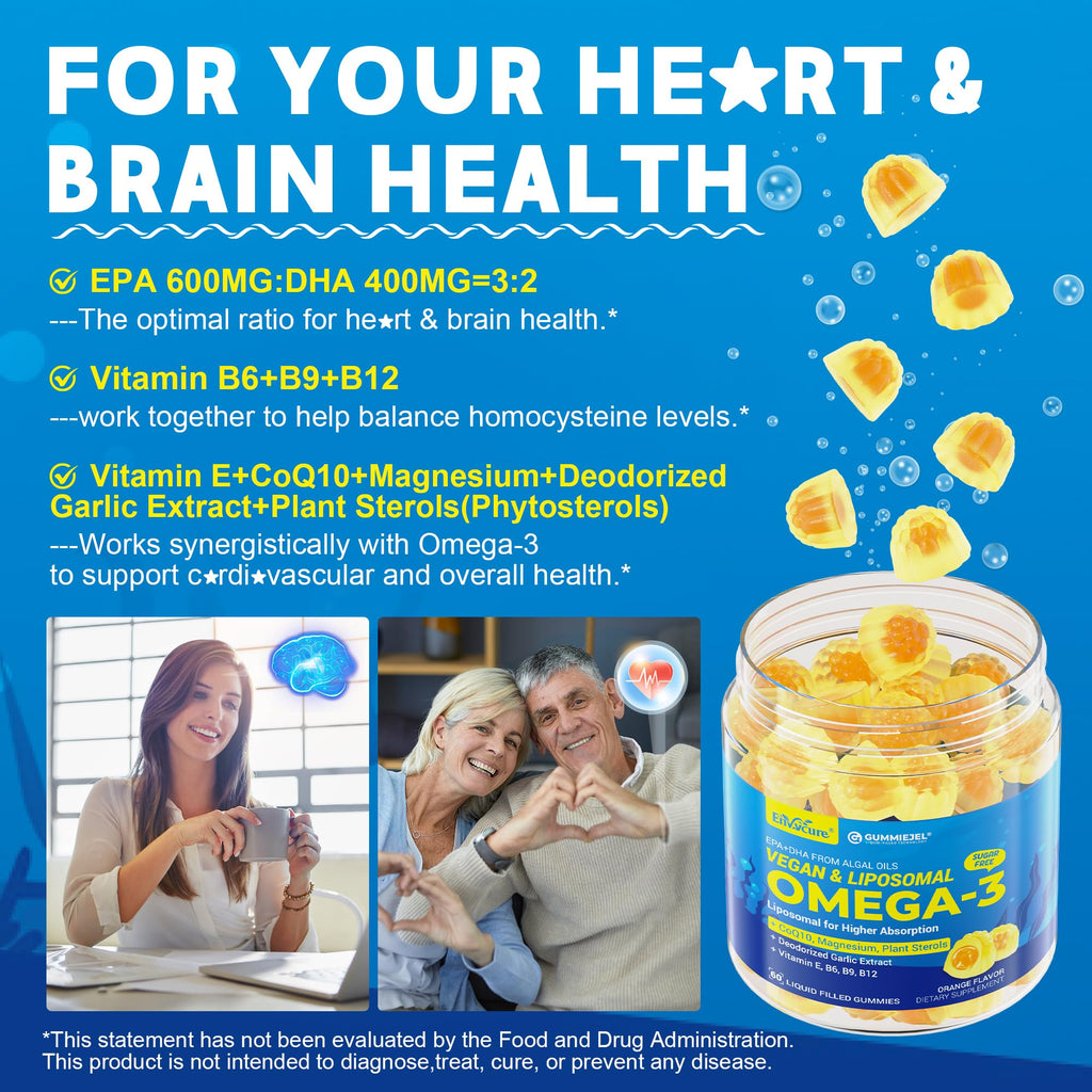 Vegan Omega-3 Gummies 1000mg +CoQ10+Magnesium- EPA 600mg DHA 400mg, Fish Oil Omega 3 Supplements Alternative for Women Men Adults, Liposomal, Algae, Plant Sterols, Garlic,B6,B9, B12, Sugar Free, 2Pack