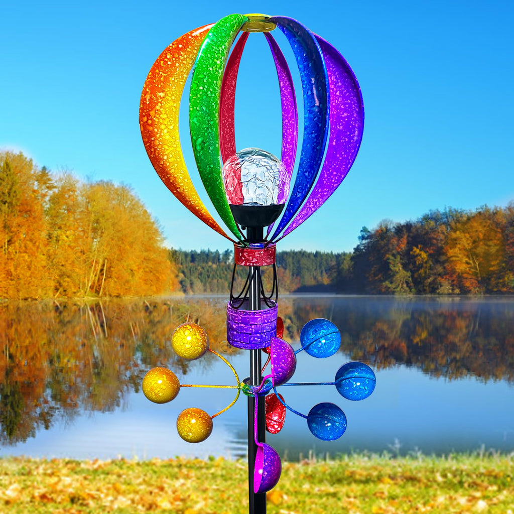 72 in Large Wind Spinners Outdoor, Solar Hot Air Balloon Wind Sculpture