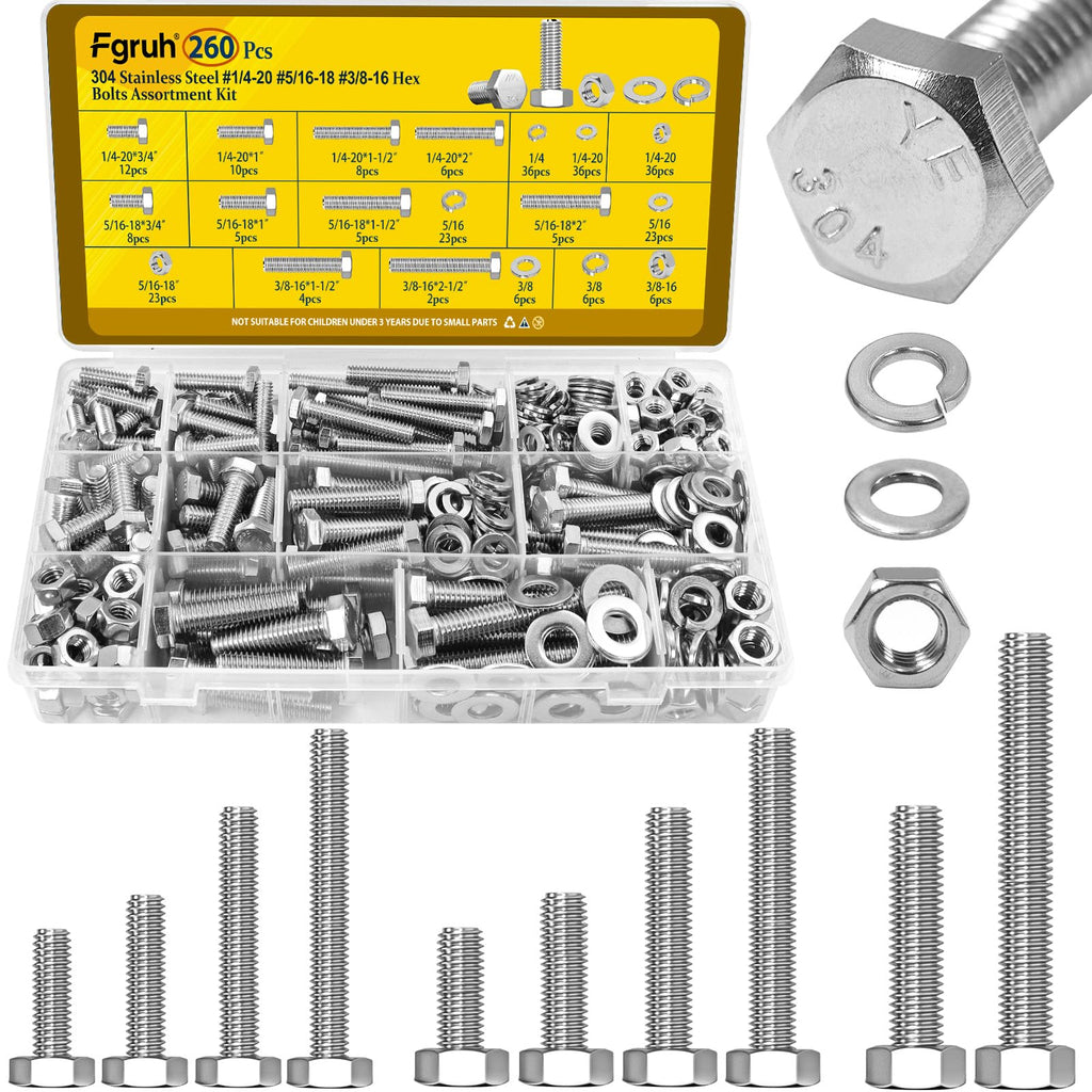 Fgruh 260PCS Hex Bolts and Nuts Assortment Kit,1/4-20, 5/16-18, 3/8-16 Hex Head Bolt Nut and Flat & Spring Washers Assorted,304 Stainless Steel, Fully Threaded