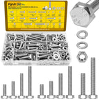 Fgruh 260PCS Hex Bolts and Nuts Assortment Kit,1/4-20, 5/16-18, 3/8-16 Hex Head Bolt Nut and Flat & Spring Washers Assorted,304 Stainless Steel, Fully Threaded