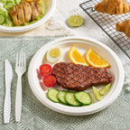 Vplus 150 Pack Paper Plates 9 inch 100% Compostable, Heavy-Duty Disposable Paper Plates Bagasse Natural Biodegradable Eco-Friendly Sugarcane（White）
