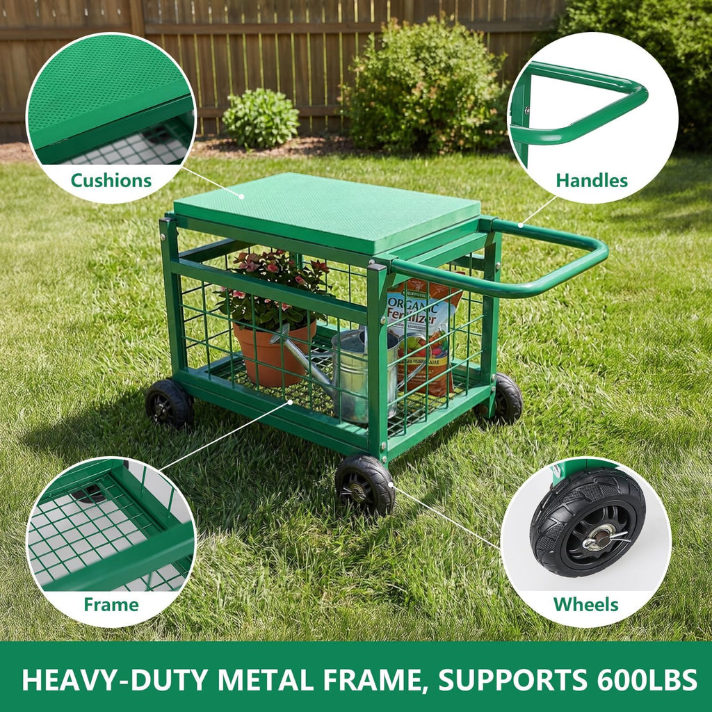 Garden Seat with Wheels, Rolling Garden Stool Heavy Duty Gardening Cart with Seat and 20 Quart Storage Space Use for Patio, Yard, and Outdoors