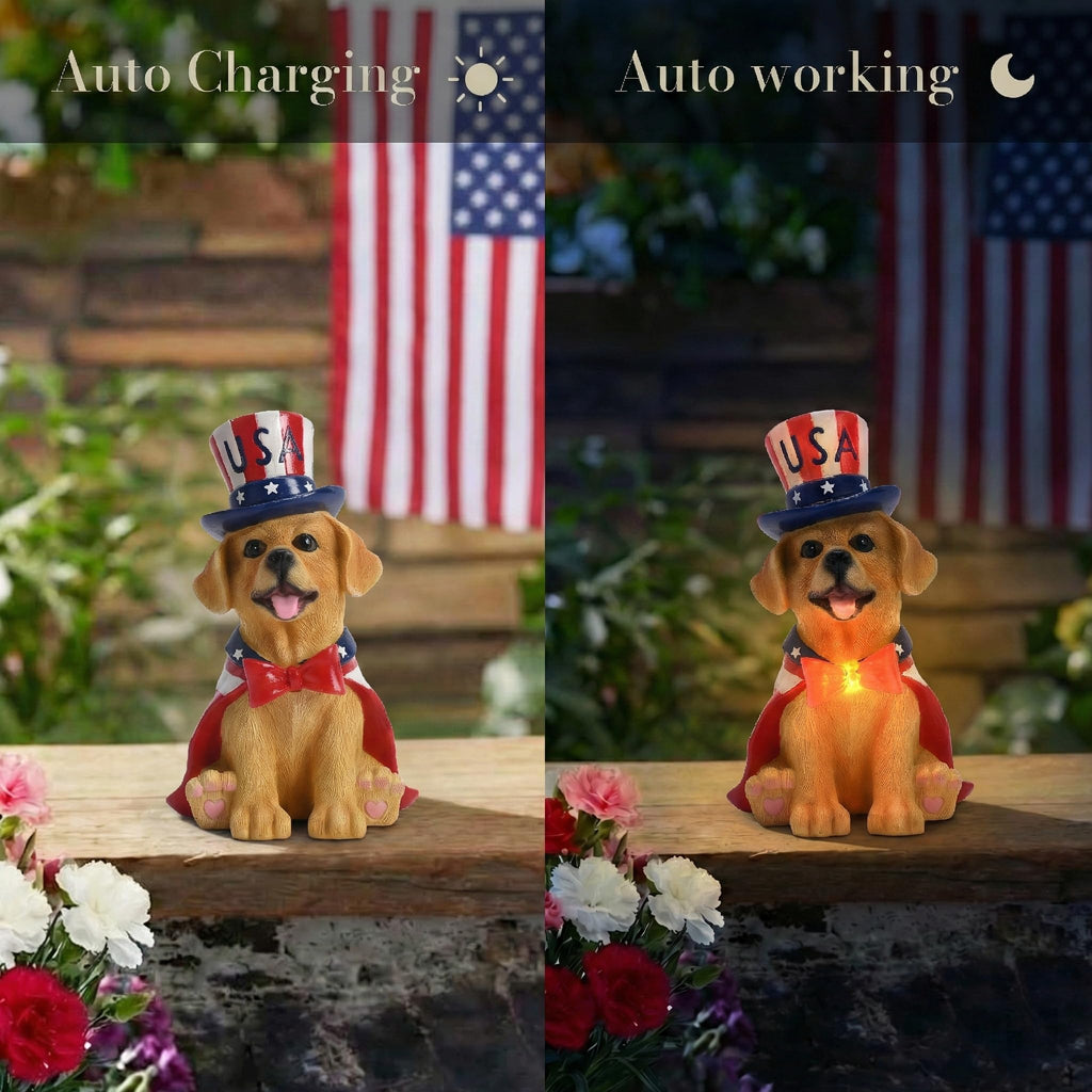 TERESA'S COLLECTIONS 4th of July Puppy Decorations with Solar Light, Memorial Day Resin Garden Dog Figurine for Home, Patriotic Independence Day USA 250th Anniversary Outdoor Yard Porch Gift Decor 8"