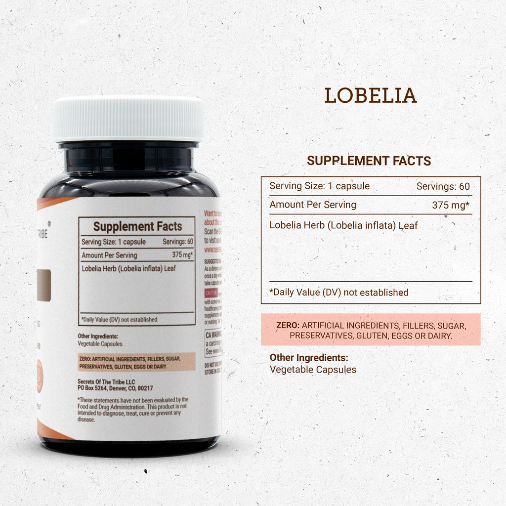 Secrets of the Tribe Lobelia 60 Capsules, 375 mg, Responsibly farmed Lobelia Inflata Dried Herb (60 Capsules)