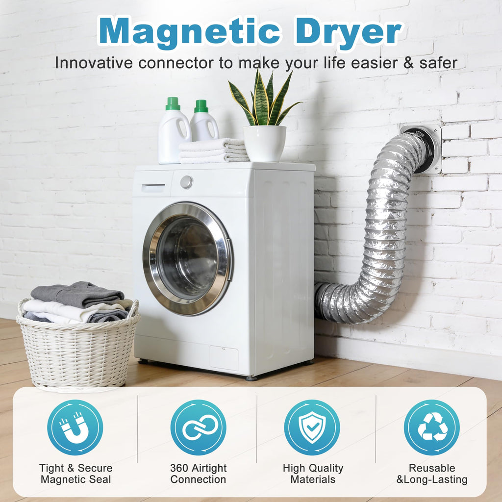 Magnetic Dryer Vent Kit, Quick Connect for 4" Dryers, Save 4–6 Inches of Space, Strong Magnetic Hold, 3.3FT Hose, Airtight Seal & Reinforced Wall Connector