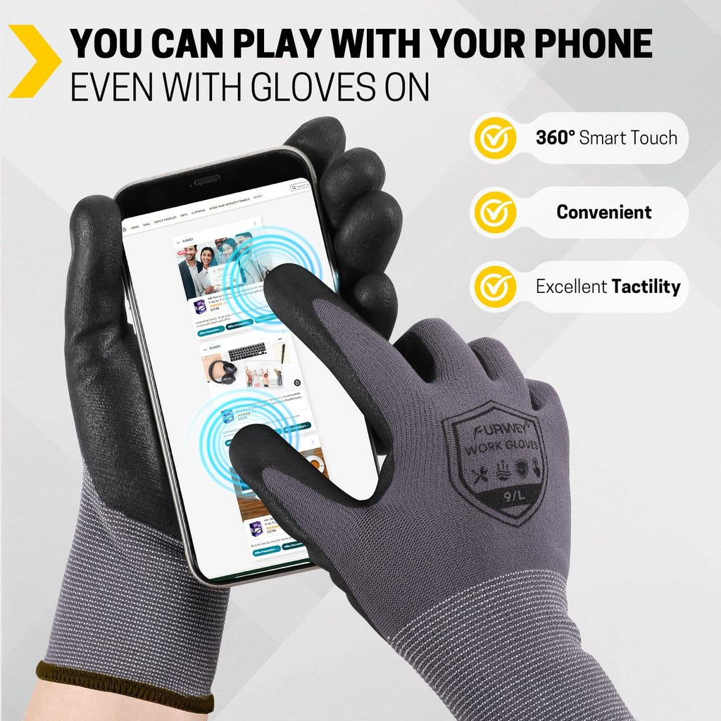 FURWEY Safety Work Gloves,16 Pairs Nitrile Micro Foam Coated,Seamless Knit,Size L