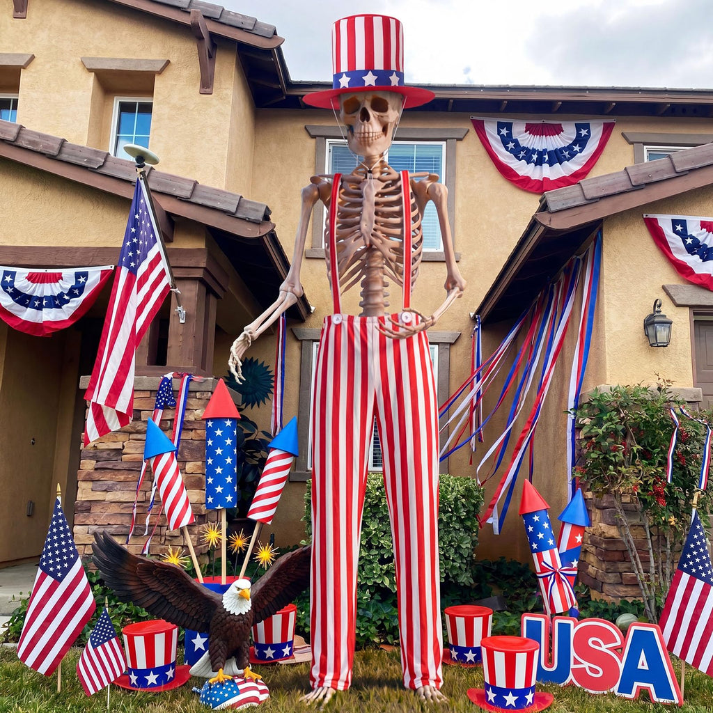 Funnysoft 4th of July 12ft Skeleton Outfits, Patriotic Giant Skeleton Costume with USA Star Pattern Hat, Independence Day White Red Striped Overalls for Garden Lawn Decor 250th Anniversary Celebration