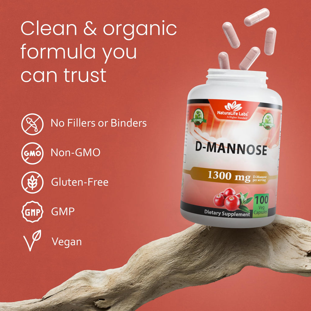 NaturaLife Labs Organic D-Mannose 1300 mg with Organic Cranberry Extract 100 mg per Serving – 100 Capsules – Non-GMO, Gluten-Free, Vegan