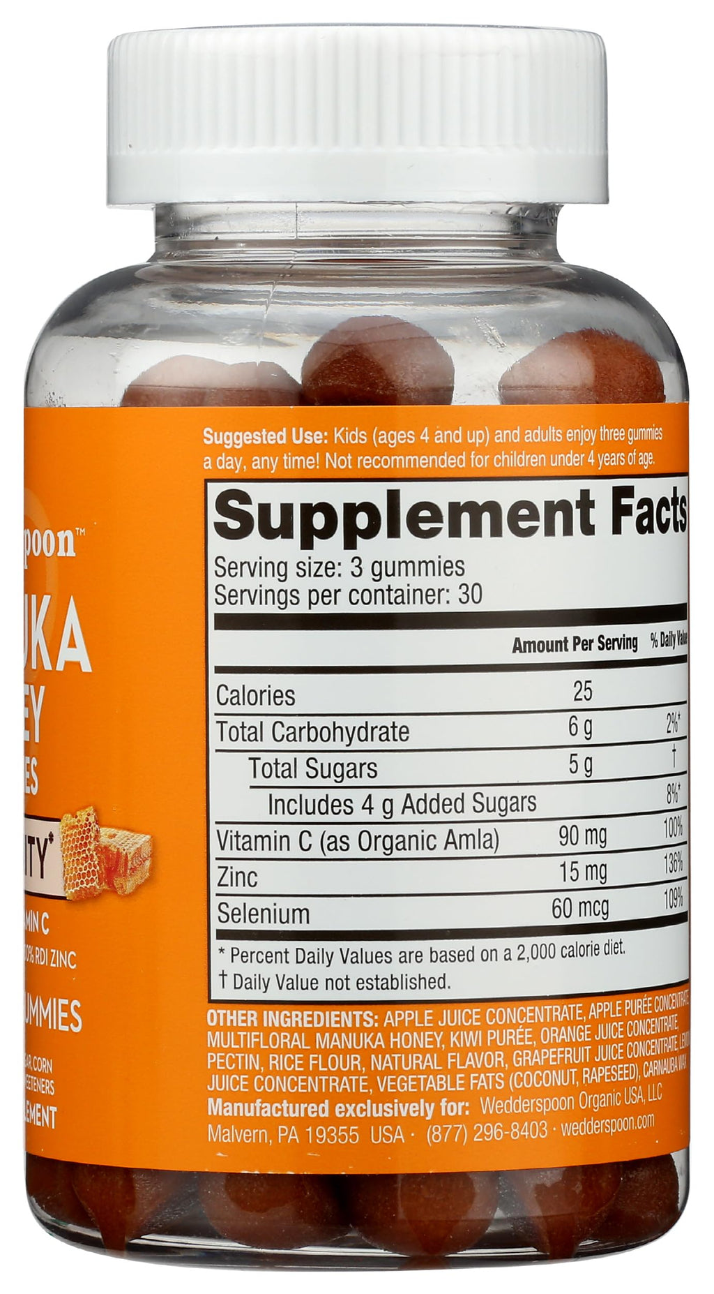 Wedderspoon Manuka Honey Immunity Gummies, Tangy Citrus, 90 Count | Chewable| Vitamin C & Zinc Support