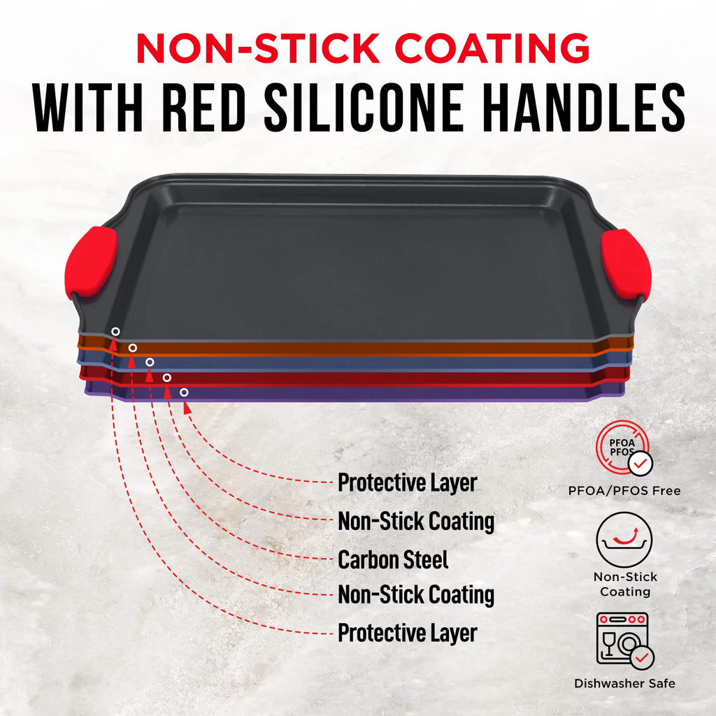 Baking Set – 10 Piece Kitchen Oven Bakeware Set – Deluxe Non-Stick Blue Coating Inside and Outside – Carbon Steel – Red Silicone Handles – PFOA PFOS and PTFE Free by Bakken,Black