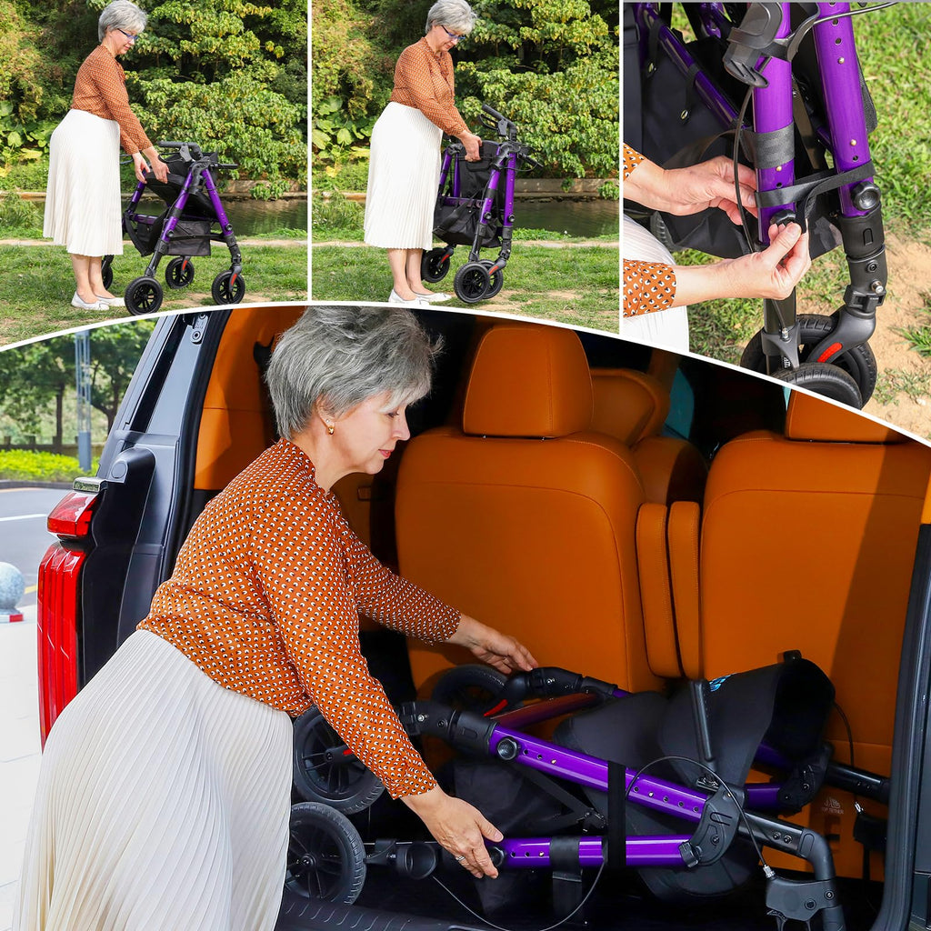 Heavy Duty Rollator Walker for Seniors with Seat, Foldable 2 in 1 Rolling Walkers Wheelchair Combo for Adult, All Terrain Wheels, Adjustable Transport Chair with Brake, 450 lb. Weight Capacity, Purple