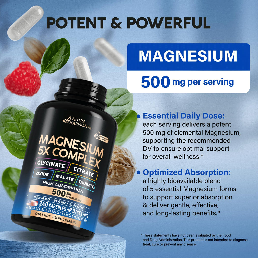 Magnesium Supplement - 5 in 1 Complex | Glycinate | Citrate | Malate | Taurate | Oxide - for Women & Men - Stress, Muscle & Heart Support - Lab Tested - Vegan, Natural, Non-GMO - 240 Capsules