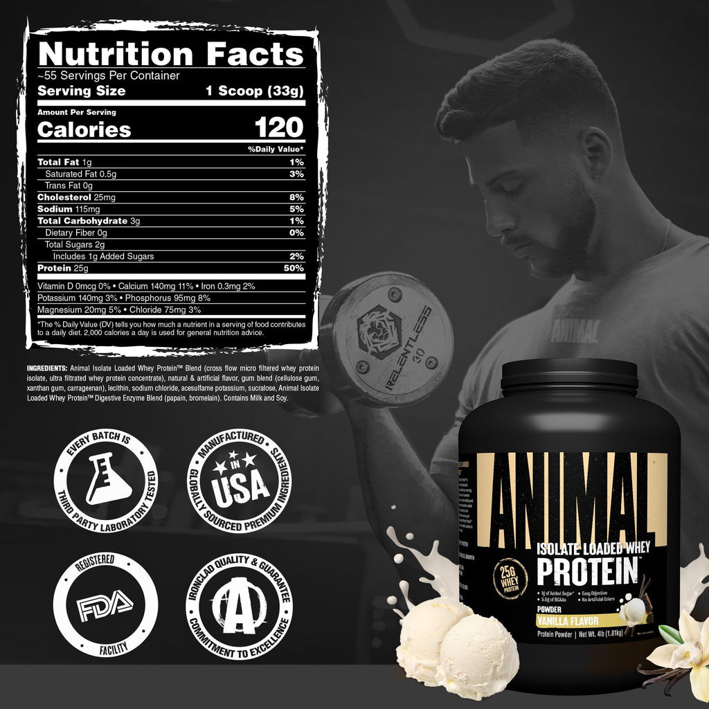 Animal Whey Isolate Protein Powder - Loaded for Pre & Post Workout Muscle Builder and Recovery with Digestive Enzymes for Men & Women - 25g Protein, Great Taste, Low Sugar - Vanilla 4 lbs