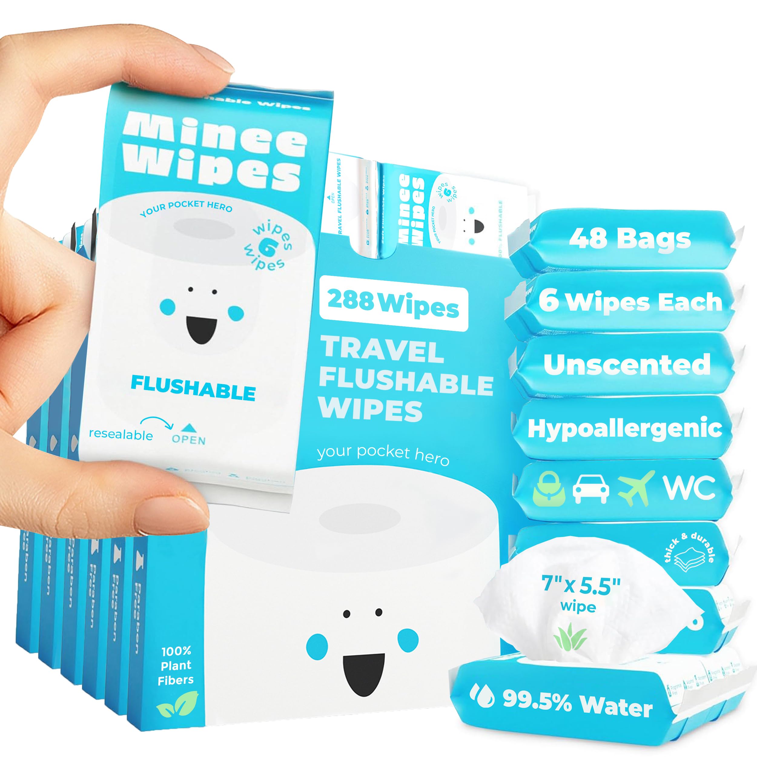 Impossibly Compact Travel Flushable Wipes - 99.5% Water and Aloe - Safe for Sensitive Skin, Hypoallergenic & Unscented - Travel Essentials for Adults, Kids & Baby Care - 48 Pack Total 288 Wipes