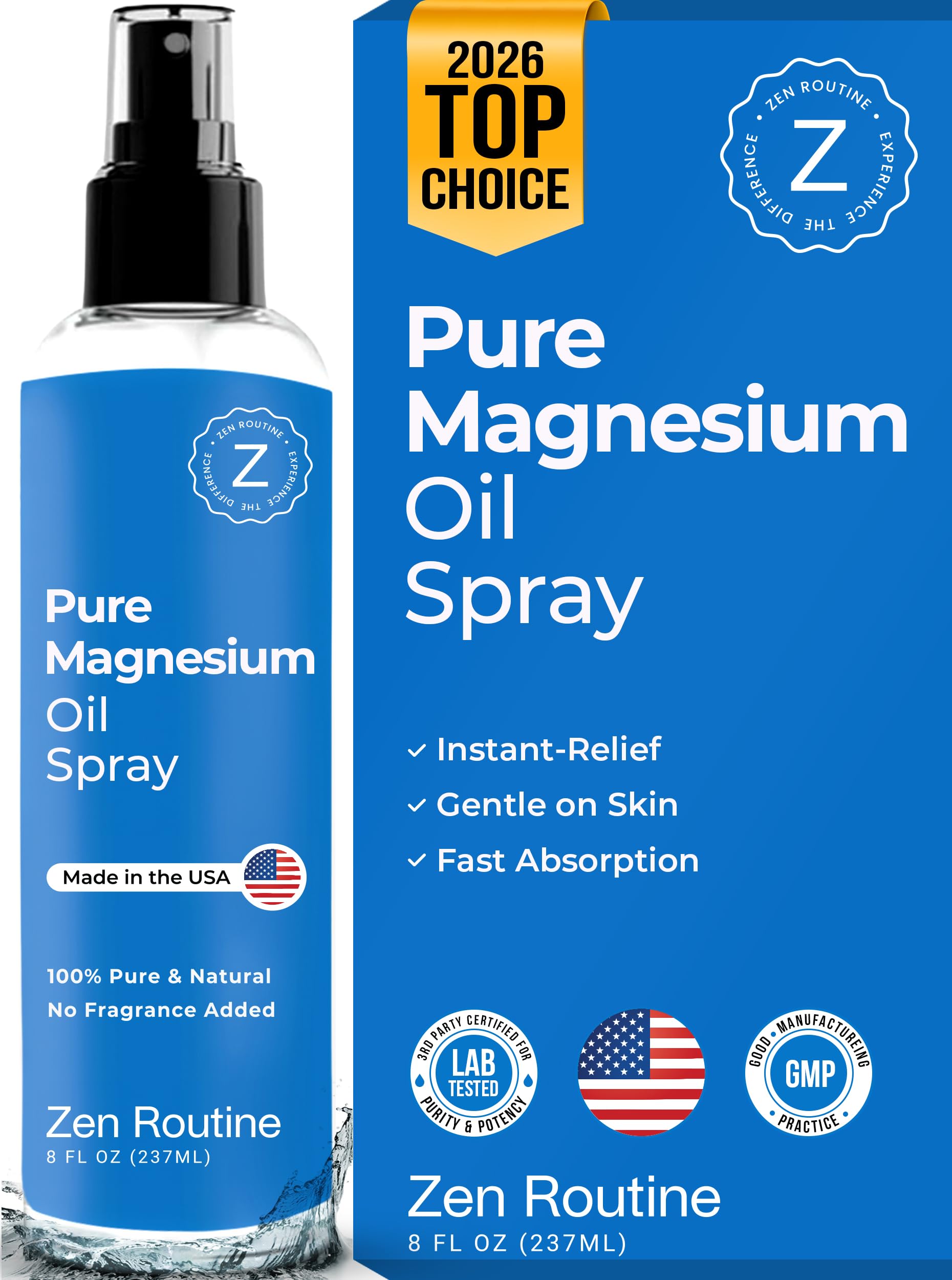 Pure Magnesium Oil Spray 8oz (Single) – USP Grade – Topical for Feet, Body, Muscles, Leg Cramps & Sleep – Extra Strength, Less Sting – 100% Organic & Natural — Made in USA