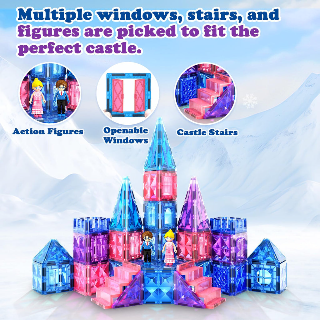 Magnetic Tiles 102pcs with 2 Stairs 2 Dolls Princess Castle Building Girls Toys Age 4-5 6-8 Magnetic Blocks Birthday Xmas Gifts for Girls Toys for 3 4 5 6 7 8+ Year Old