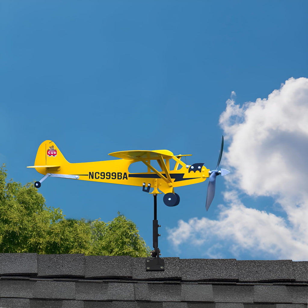 SDFRT Magic Metal Kinetic Sculpture Airplane Weathervane,Metal Wind Spinners for Yard and Garden, 3D Kinetic Wind Spinner Wind Catchers Sculpture, Airplane Weathervane (Piper J3 Cub,32 ×32 x80cm)