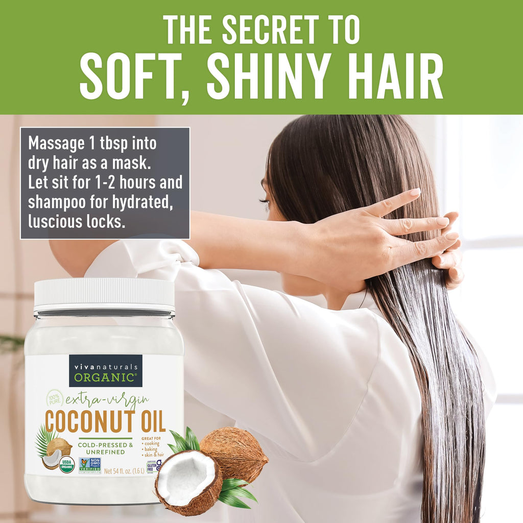 Viva Naturals Organic Coconut Oil, 54 fl oz – Unrefined, Cold-Pressed Extra Virgin Coconut Oil, USDA Organic & Non-GMO, Natural Cooking Oil, Hair Oil & Skin Oil
