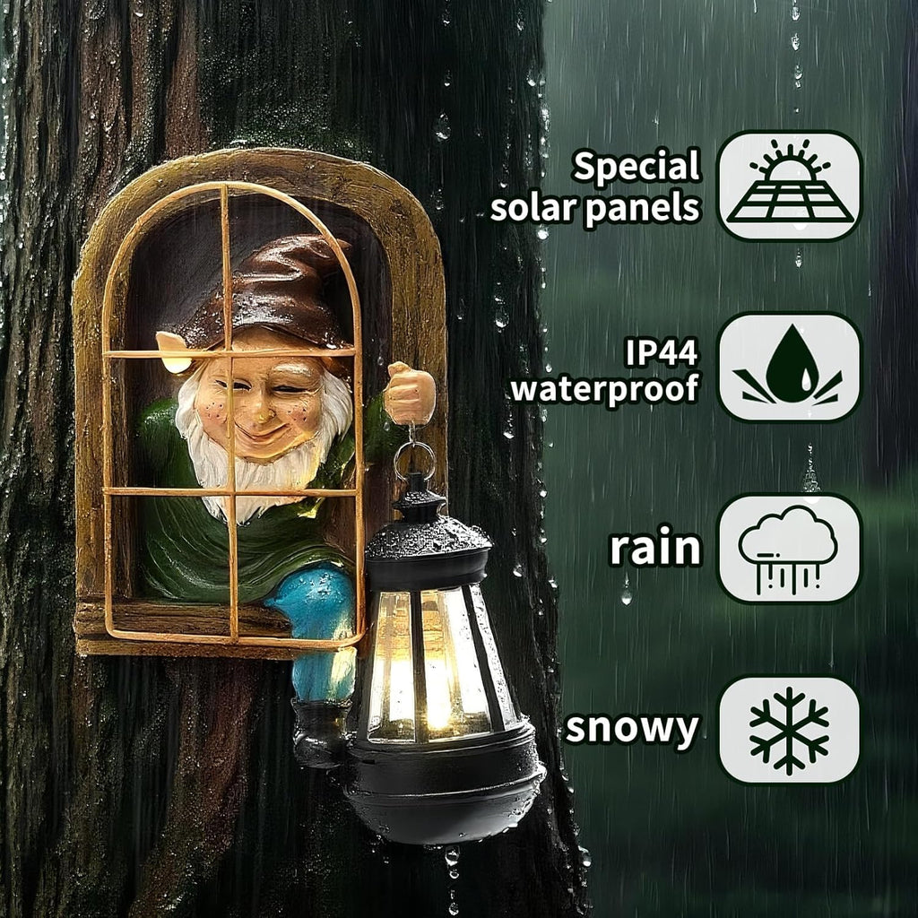ZioWio Garden Gnome Statue, Tree Faces Decor Outdoor with Solar Lantern
