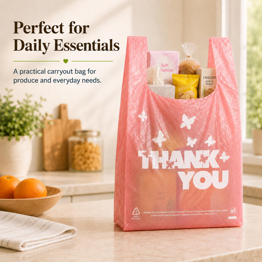 YoYoRain PINK Thank you bags, 800PCS T shirt bags, To Go Bags,Grocery bags, Reusable and Disposable,Perfect for Small Business,Take Out,Retails,11"x6"x21"(800)