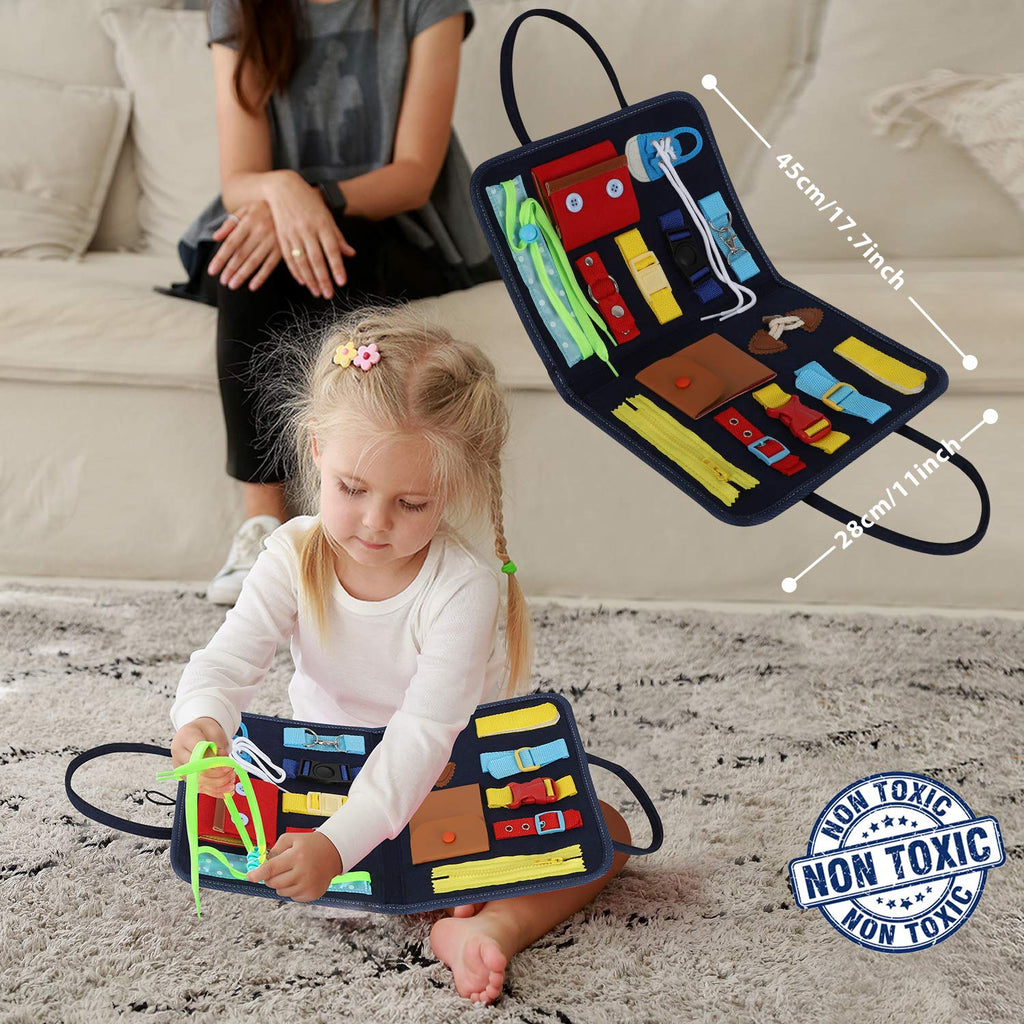 Esjay Toddler Busy Board, Sensory Board for Fine Motor Skill, Montessori Toys Educational Learning Toddler Activities for 3+ Year Old, Travel Car Airplane Toys Gifts for Boys Girls,Blue Alphabet