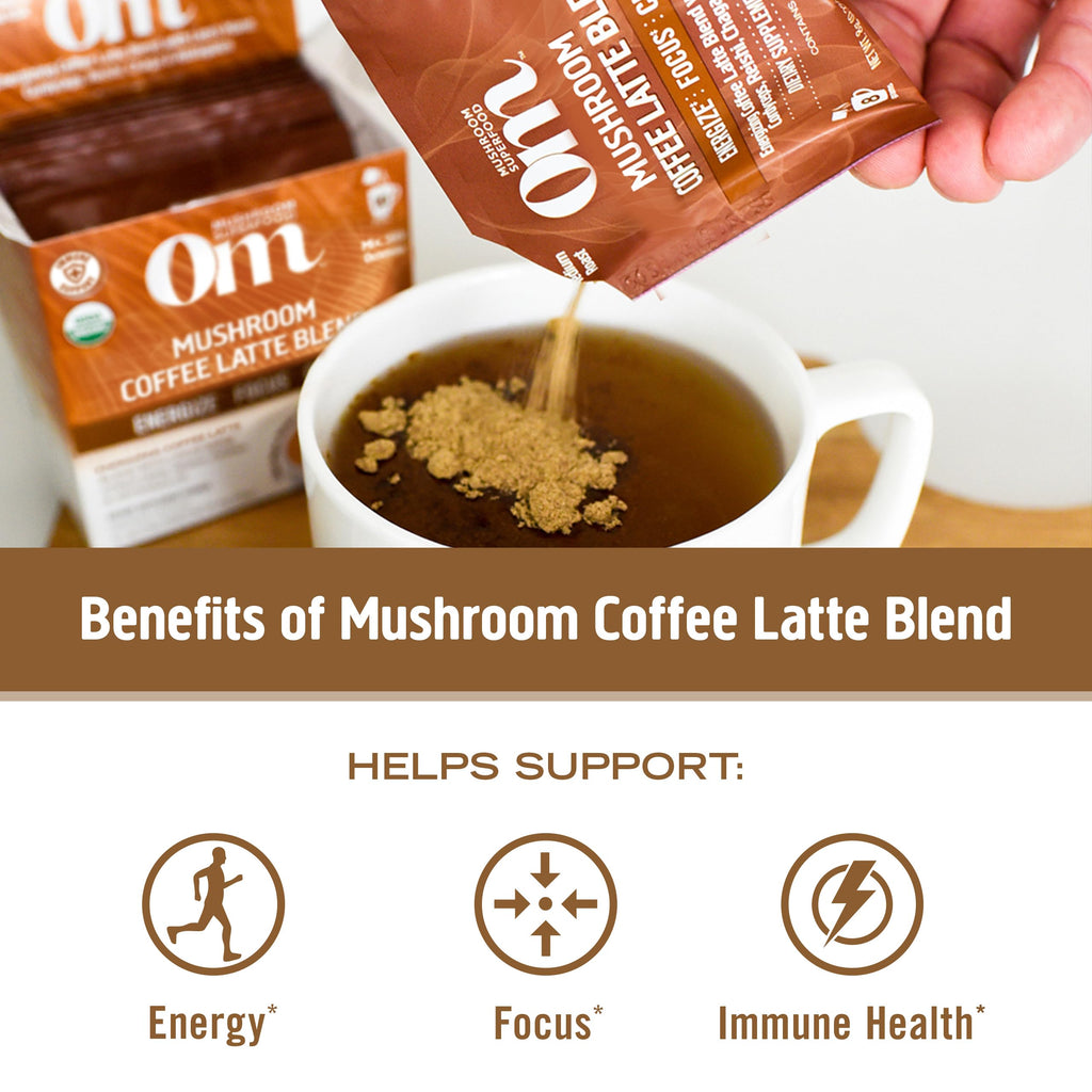 OM MUSHROOM SUPERFOOD Coffee Latte Blend – Functional Mushroom Powder with Lion’s Mane, Cordyceps, Reishi & Chaga – Energy, Focus & Mental Clarity Support – 8.47 oz Canister (30 Servings)