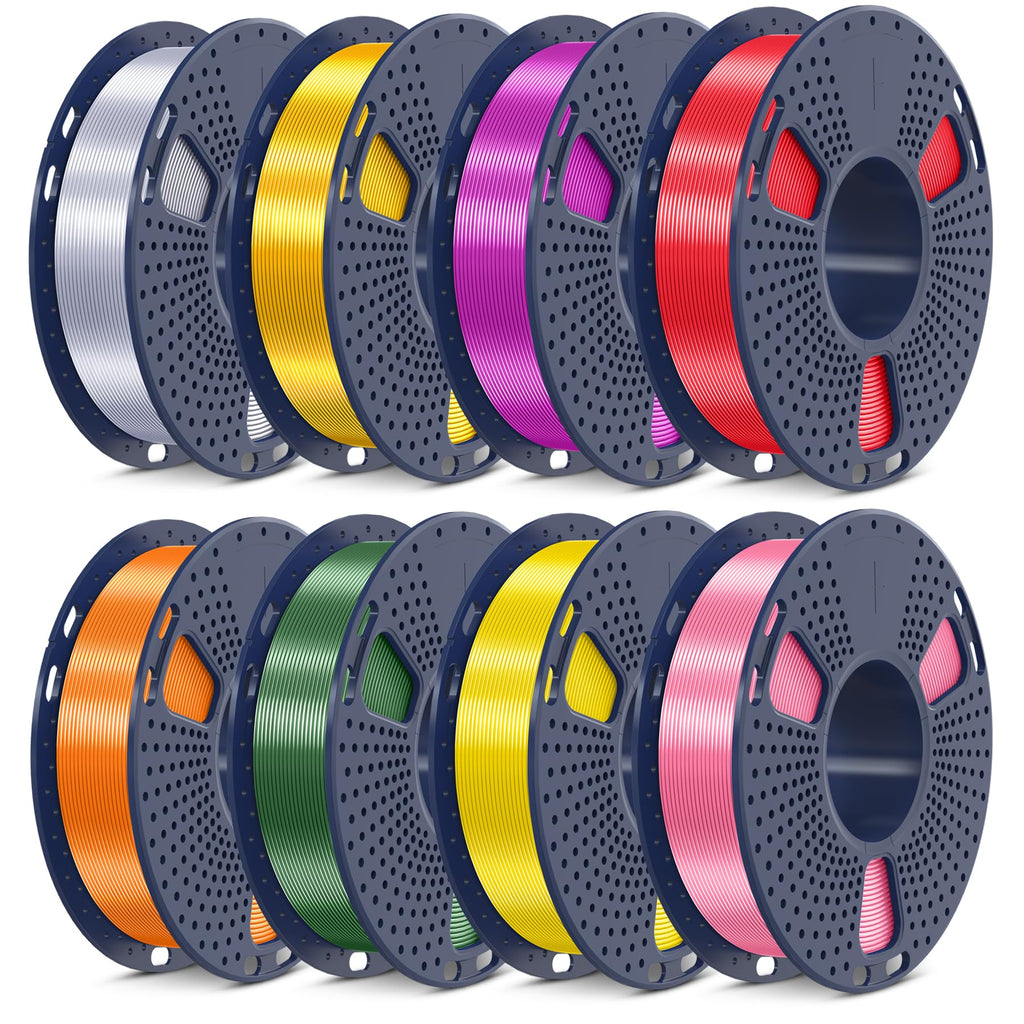 SUNLU 3D Printer Filament Bundle, PLA+ Silk Filament Multicolor 1.75mm, Individually Vacuum Packed, 250G Spool, 8 Rolls, 2kg in Total, Light Gold+Silver+Purple+Red+Orange+Yellow+Pink+Bronze