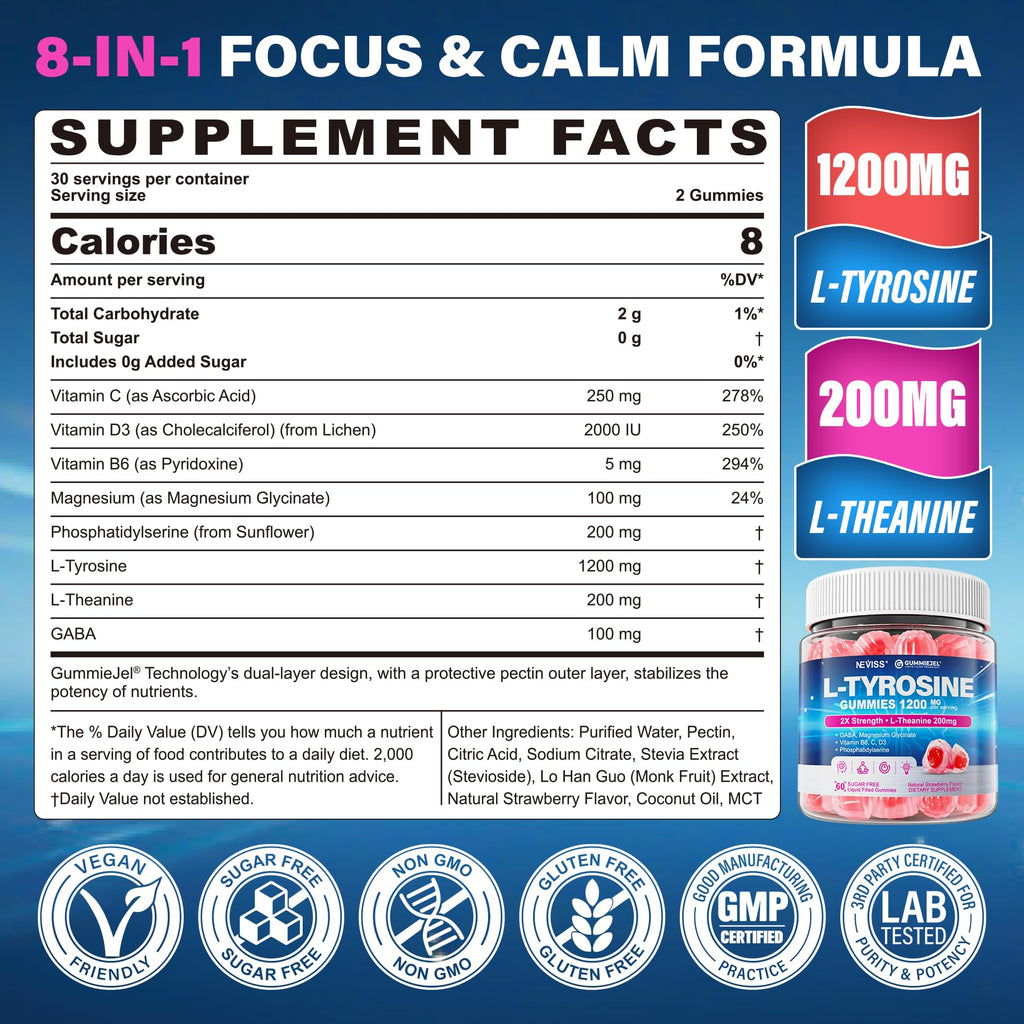 L Tyrosine Gummies Supplement 1200mg, GABA L-Theanine Supplement 200mg with Magnesium Glycinate Vitamin B6, D3 & C - Calm & Focus Gummies - Brain Supplements for Memory, Mood & Relax for Adults, 60Cts