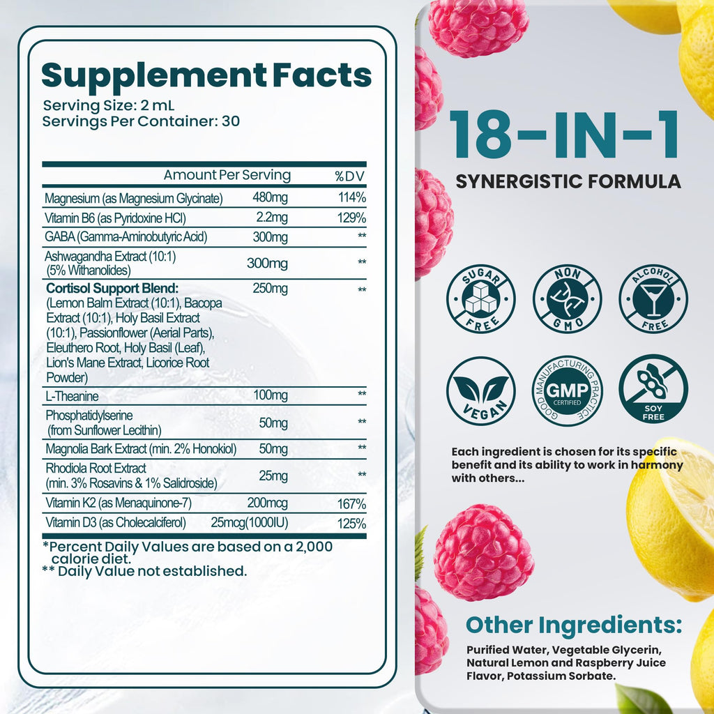 Cortisol Supplements for Women & Men, 18 in 1 Stress & Mood Support Drops with Magnesium 480mg, GABA, Ashwagandha, L-Theanine & Phosphatidylserine, for Relaxation & Sleep, Lemon Raspberry Flavor 60mL