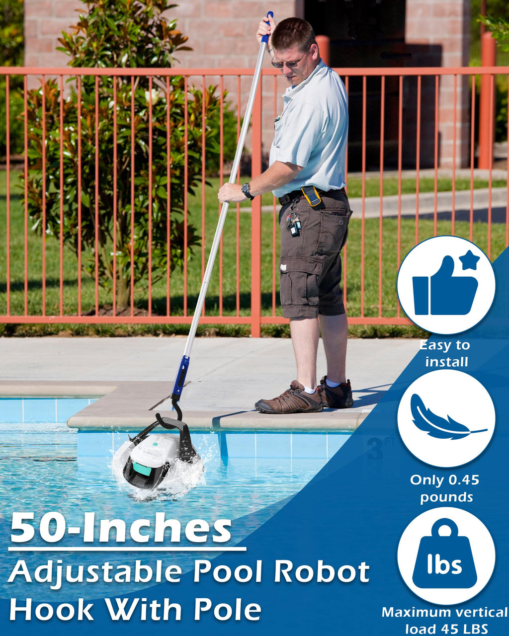 Pool Robot Retrieval Hook - 63.8 Inch Adjustable Stainless Aluminum Pole, Heavy-Duty Detachable Hook for Pool Robot Vacuum Robotic Pool Cleaner Including Cordless/Above Ground/Underwater Cleaners