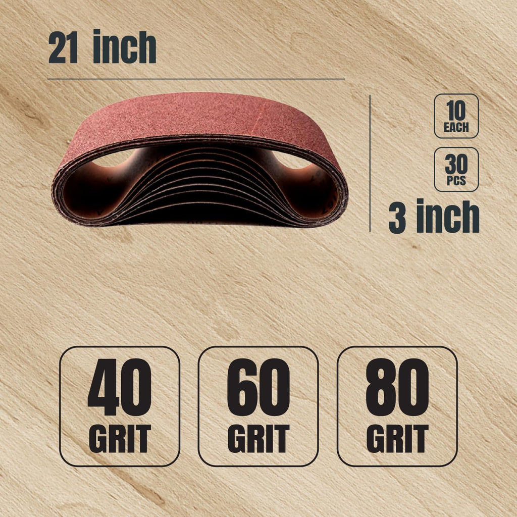 POWERTEC 3 x 21 Inch Sanding Belts, 30PK, 10 Each of 40/60/80 Grits Aluminum Oxide Sandpaper, 3x21 Sanding Belt for Portable Belt Sander, Woodworking, Paint Sanding, Metalworking (110435)