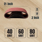 POWERTEC 3 x 21 Inch Sanding Belts, 30PK, 10 Each of 40/60/80 Grits Aluminum Oxide Sandpaper, 3x21 Sanding Belt for Portable Belt Sander, Woodworking, Paint Sanding, Metalworking (110435)