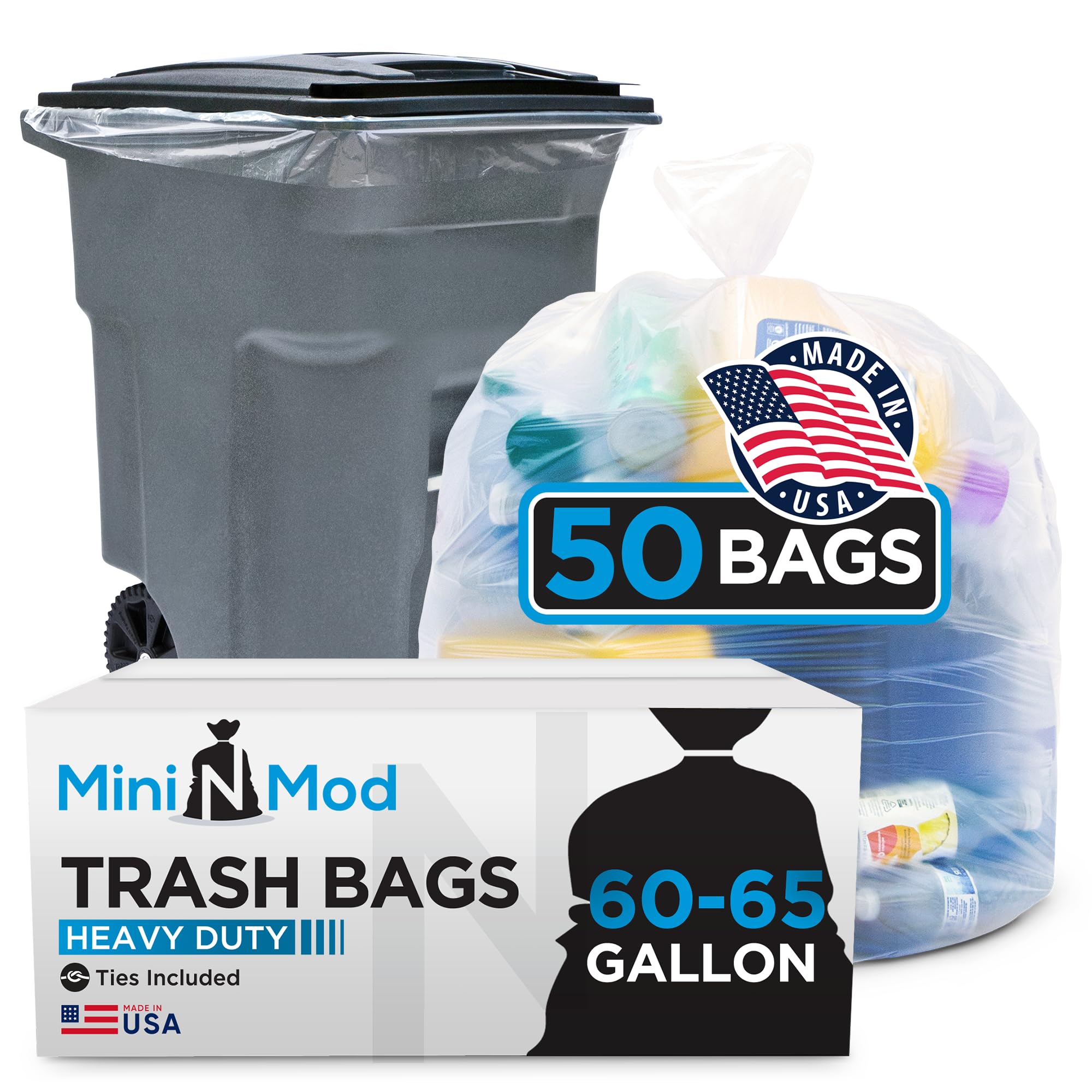 60-65 Gallon Clear Trash Bags | 50 Count | Large Clear Plastic Bags for Recycling, Garbage, and Commercial Use – Fits 60 Gallon and 65 Gallon Cans