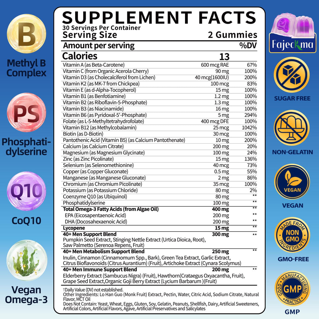 Fajeckma Mens Multivitamins Gummies for 40 Plus: Chewable Sugar Free Mens Multivitamins 40 Plus Gummy with Methylated B-Complex Omega-3 Magnesium CoQ10 Lycopene - Daily Vitamins for Men(120Count)