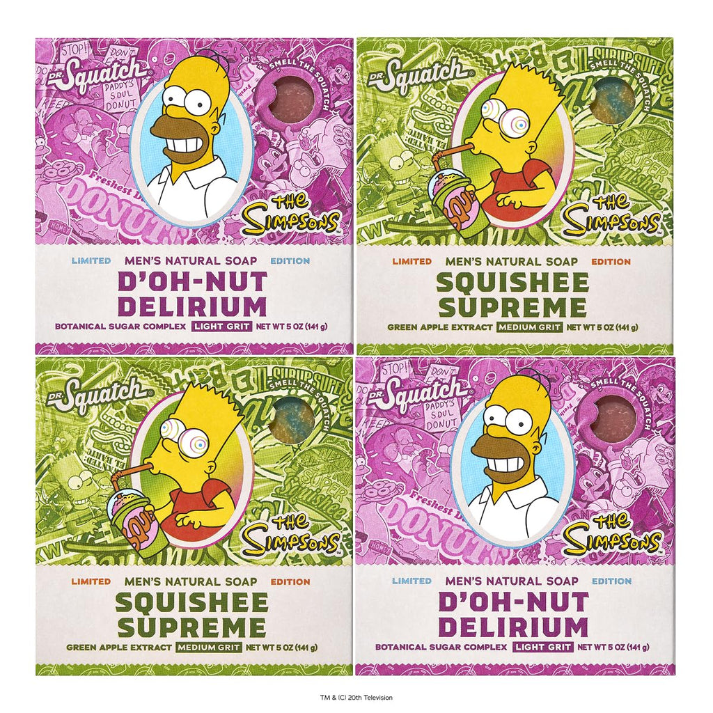 Dr. Squatch Natural Men's Bar Soap – Limited Edition Simpsons Gifts for Men – Natural Cold Process Soap Bar – D’oh-Nut Delirium + Squishee Supreme (5 oz, 4-Pack)