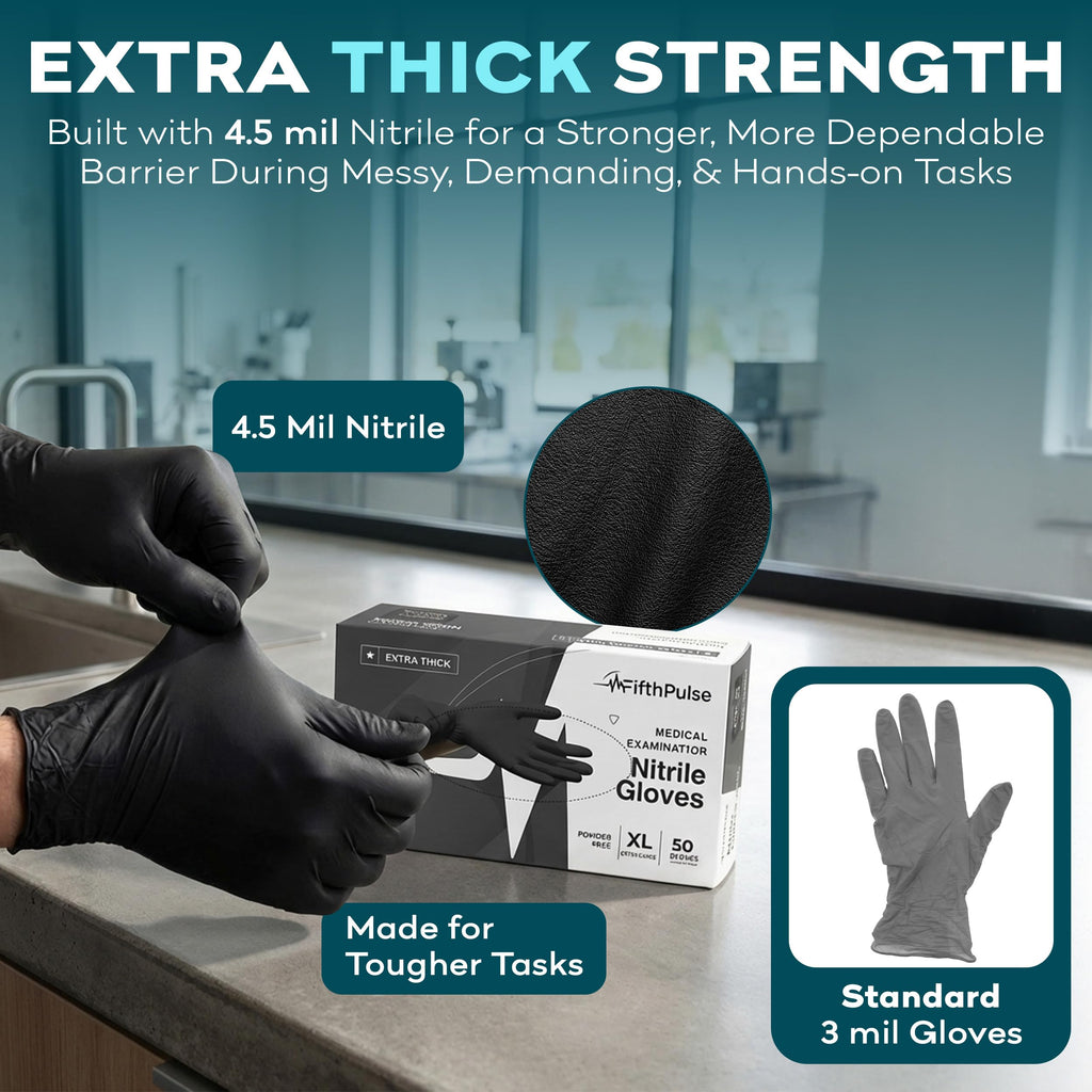 Disposable Black Nitrile Gloves Large 50 Count - Extra Thick 4.5 Mil - Powder and Latex Free Rubber Gloves - Surgical Medical Exam Gloves - Food Safe Cooking Gloves