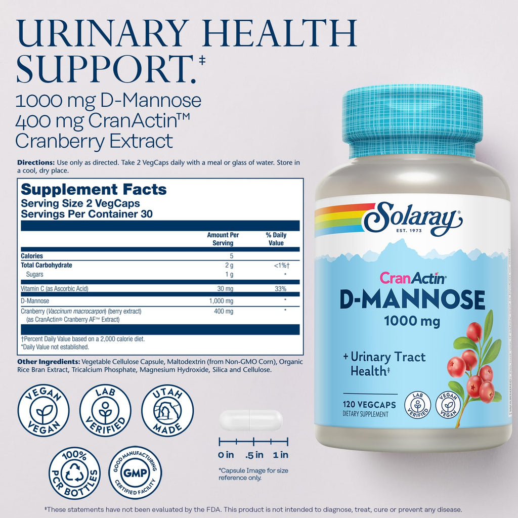 SOLARAY D-Mannose 1000mg with CranActin Cranberry Supplement 400mg, Urinary Tract Health & Bladder Support Capsules with Vitamin C, Vegan, 60 Day Guarantee, 60 Servings, 120 VegCaps (120 CT)