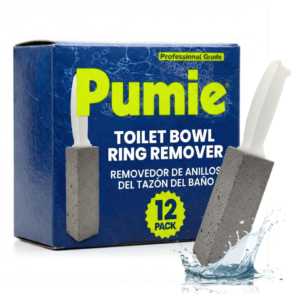PUMIE Pumice Stone Toilet Bowl Cleaner (12-Pack) - Toilet Pumice Stone with Handle - Heavy Duty Scouring Stick for Rings, Bowls, Hard Water Stains, Lime, Rust, Sink - Includes Handle for Easy Use