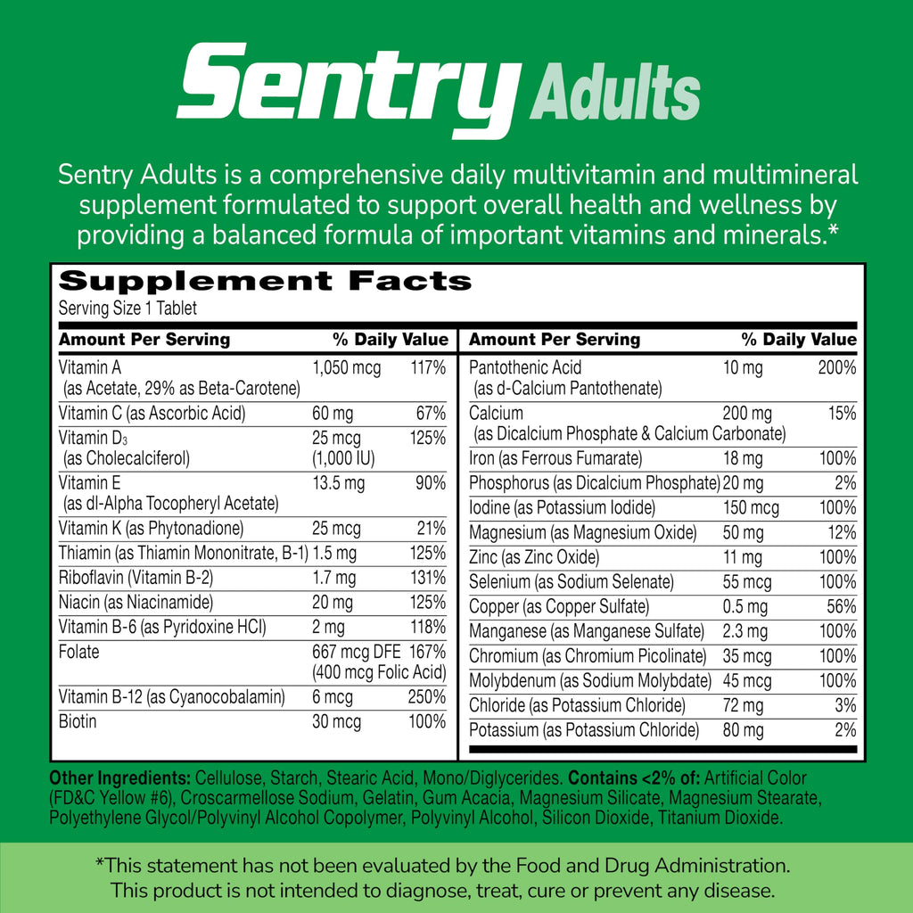 Sentry Adult Multivitamin & Multimineral Supplement, Daily Vitamins for Men & Women, Essential Vitamins & Minerals, Immune, Energy & Bone Health Support, Gluten Free, 300 Tablets