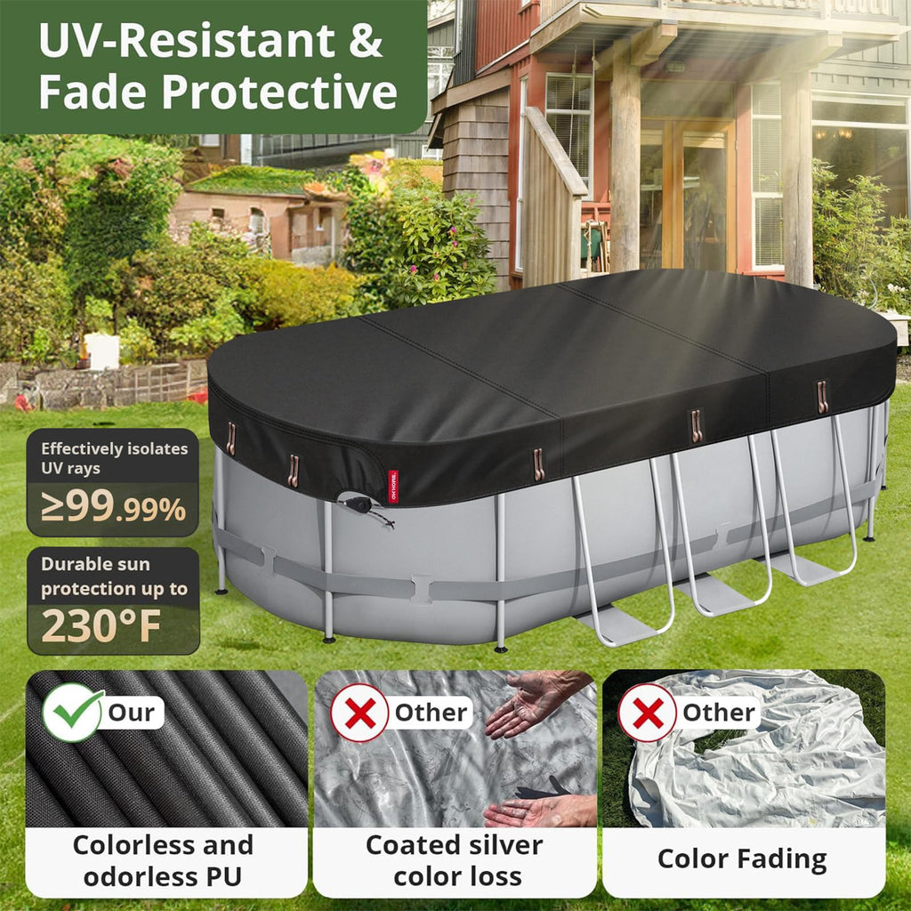 QH.HOME 8.2X14 ft Oval Pool Cover,Solar Cover for Above Ground Pools - Black Oxford Fabric Heats Water, Blocks Leaves & Sun, Windproof Snug Fit with Patented Ratchet & Weight Rings