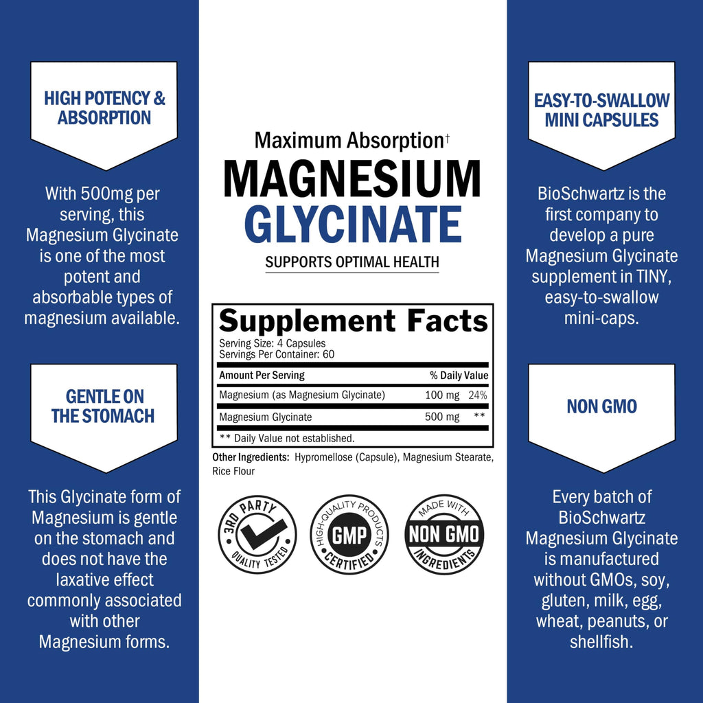 BioSchwartz Magnesium Glycinate 500mg Capsules (240 Mini Caps) Maximum Absorption Magnesium Supplement for Healthy Nerves Muscles Heart Mood and Sleep Support (Vegan, Gluten-Free, Non-GMO)