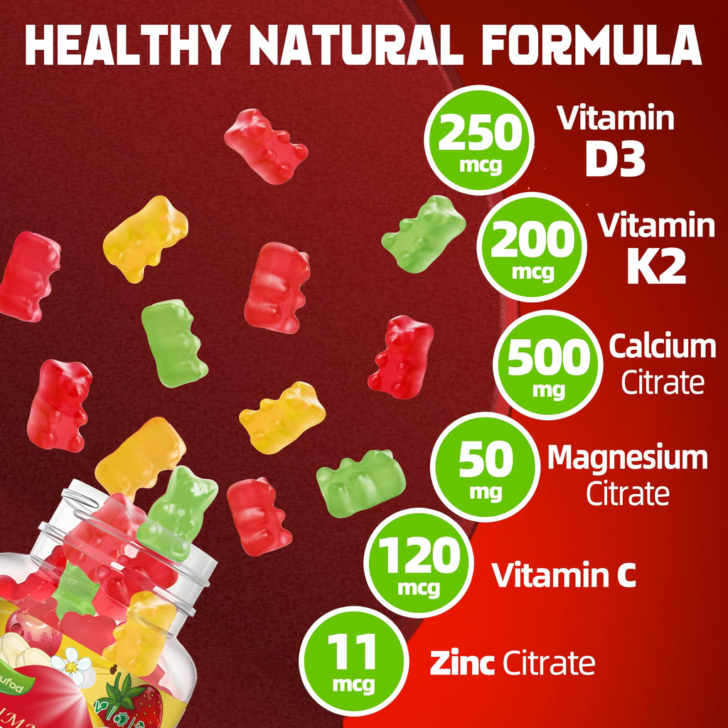 Wekannufod Sugar-Free Vitamin D3 K2 Gummies with Calcium + K2 (MK-7), Magnesium Citrate, Vitamin C, Extra Strength - Ultimate Absorption for Bone Muscle Teeth Immune, Vegan - 120 Gummies
