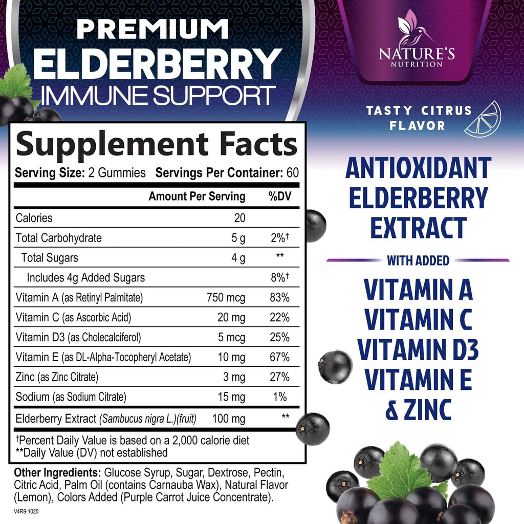 Elderberry Immune Support Gummies - 3X Strength Sambucus Elderberry Gummy with Vitamin C, D3 & Zinc - Nature’s Black Elderberry Extract - Immune Support Supplement for Adults & Kids - 120 Gummies